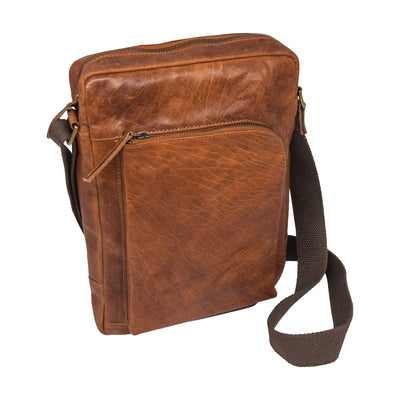 A5 Brown Leather City Bag,  1 zippered pouch on the front and an adjustable shoulder strap.