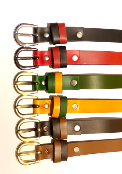 Black, Red, Green, Yellow, Brown and Tan Smooth Skinny Leather Belt..