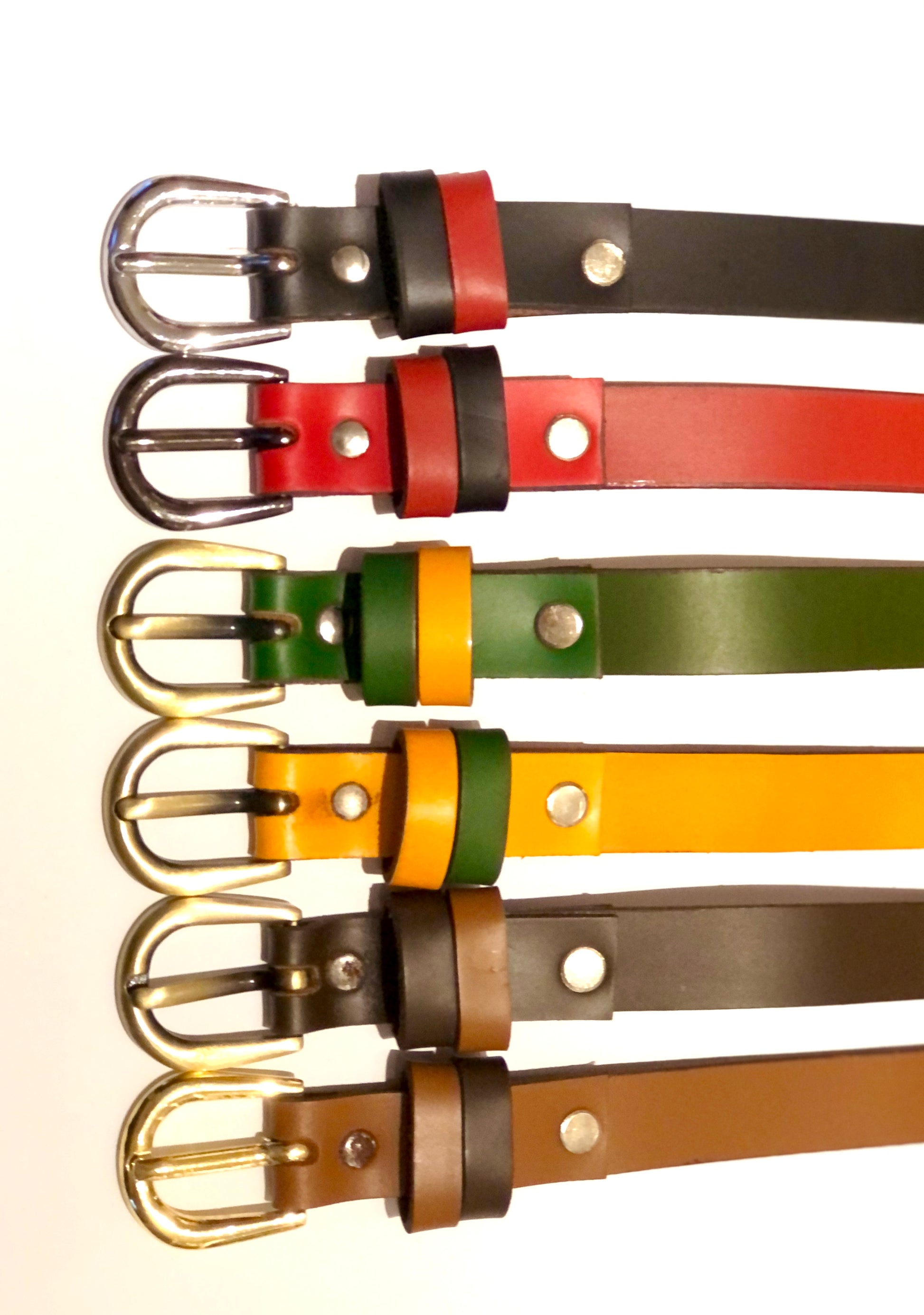Black, Red, Green, Yellow, Brown and Tan Smooth Skinny Leather Belt.