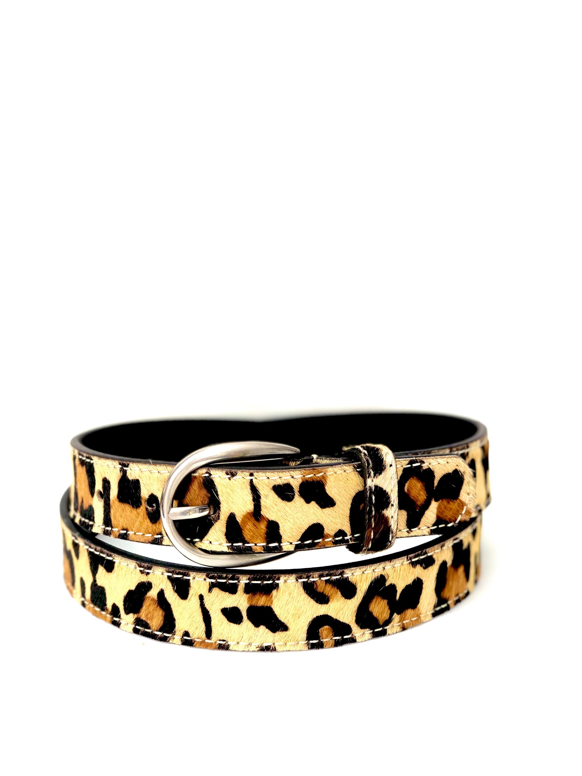 Leopard hair-on-hide women leather belt rolled