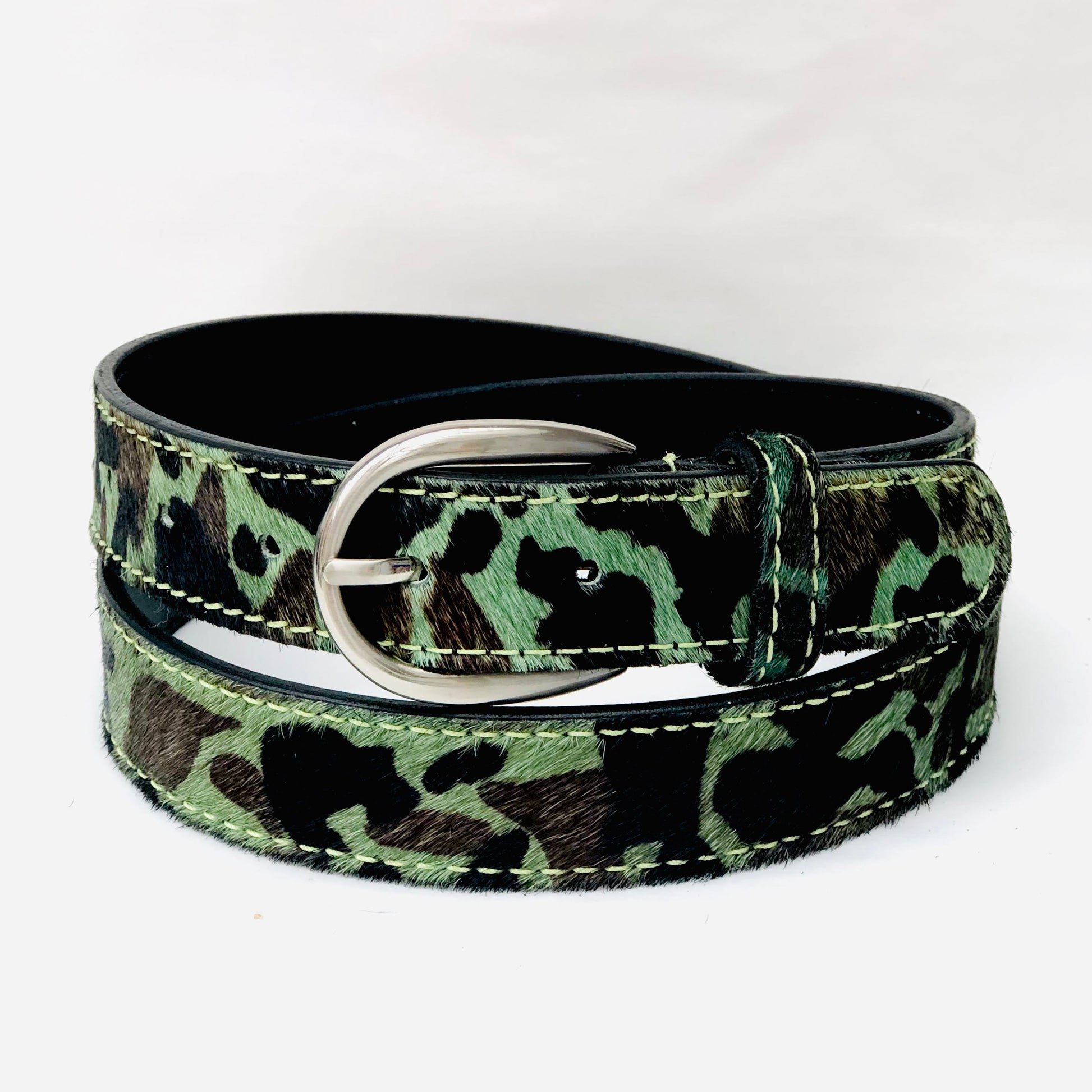 Rolled Camo Hair On Leather Belt