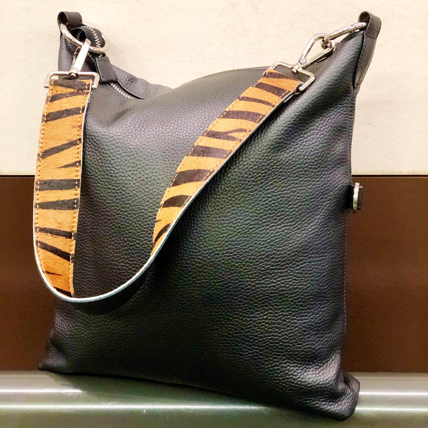 Black Leather Bag attached with Tiger Print Replacement Leather Straps