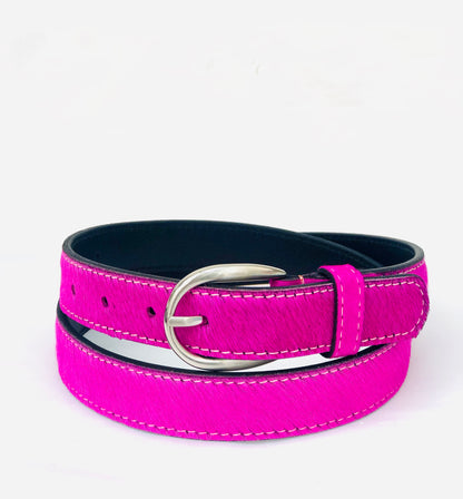 Rolled Neon Pink hair-on-hide women leather belt