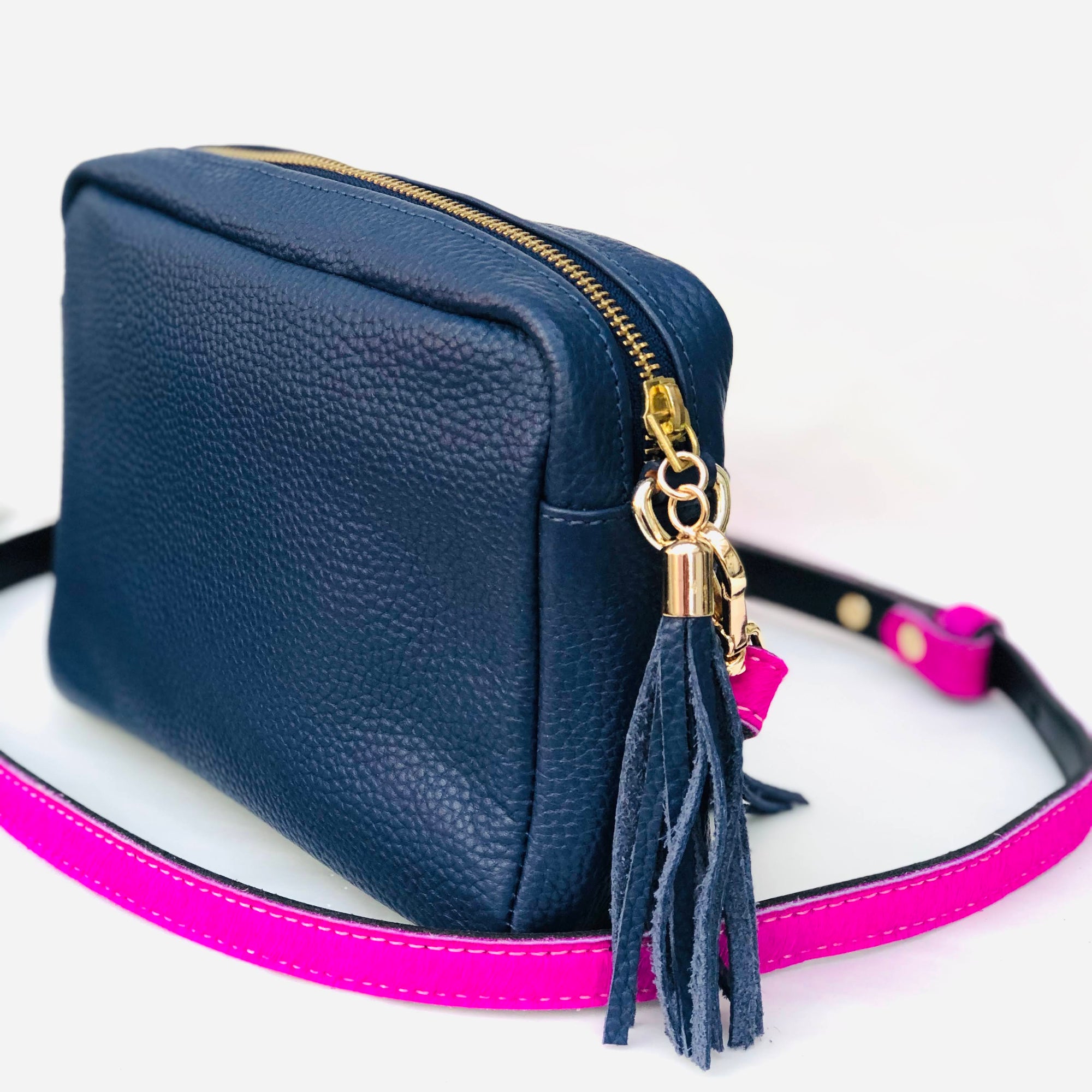 Neon Pink Skinny Replacement Shoulder Bag Strap with blue leather bag