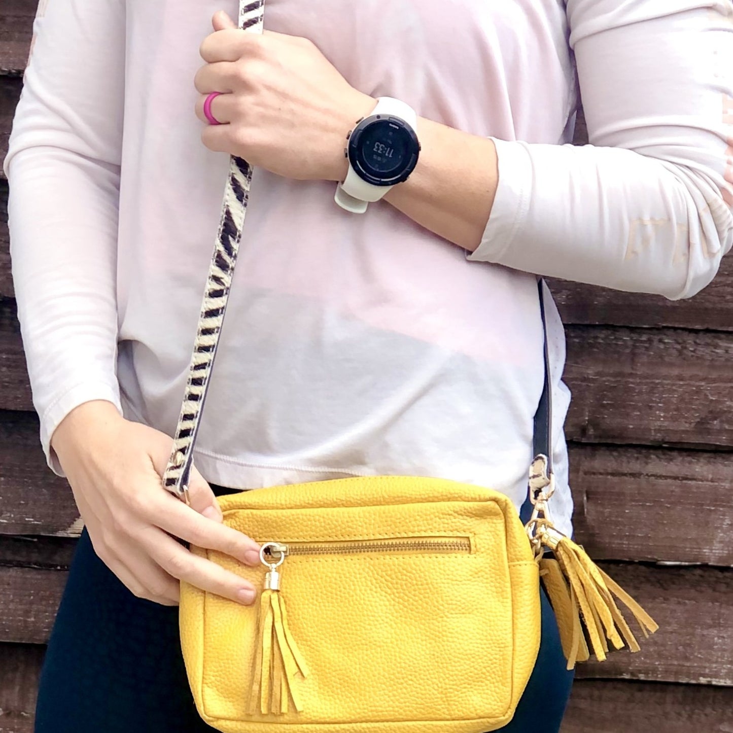 yellow bag attached with zebra print skinny Replacement Strap