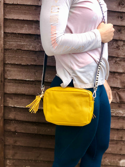 Mustard Yellow Leather Camera Clutch Bag with straps