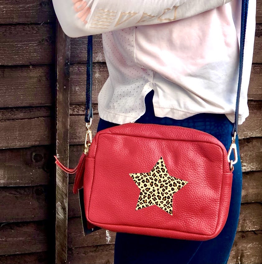 Leopard Star Red Leather Crossbody Clutch Bag