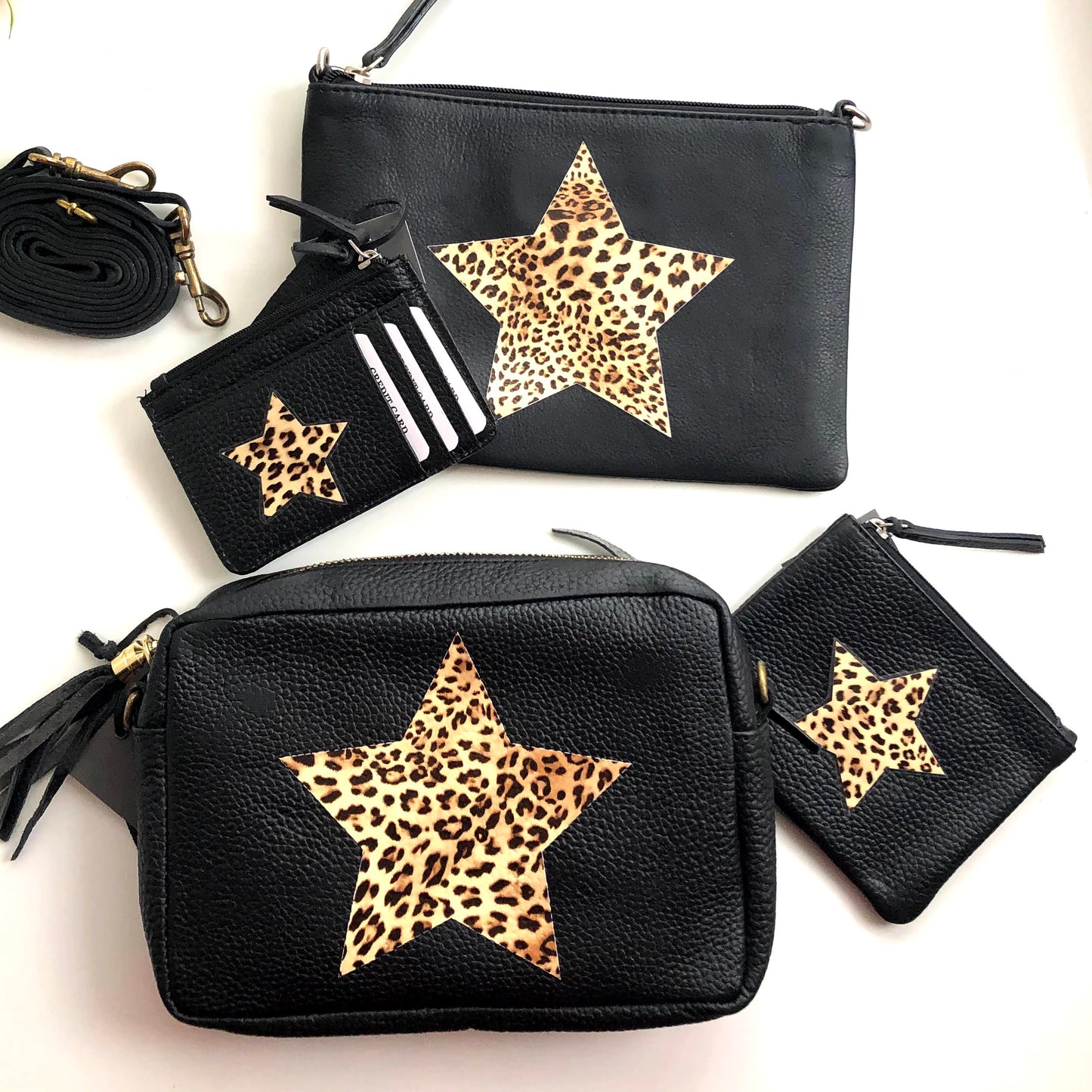 four different size Leopard Star Black Leather Bag