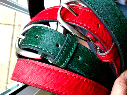 Vibrant Red and Bottle Green hair on hide Leather Belts