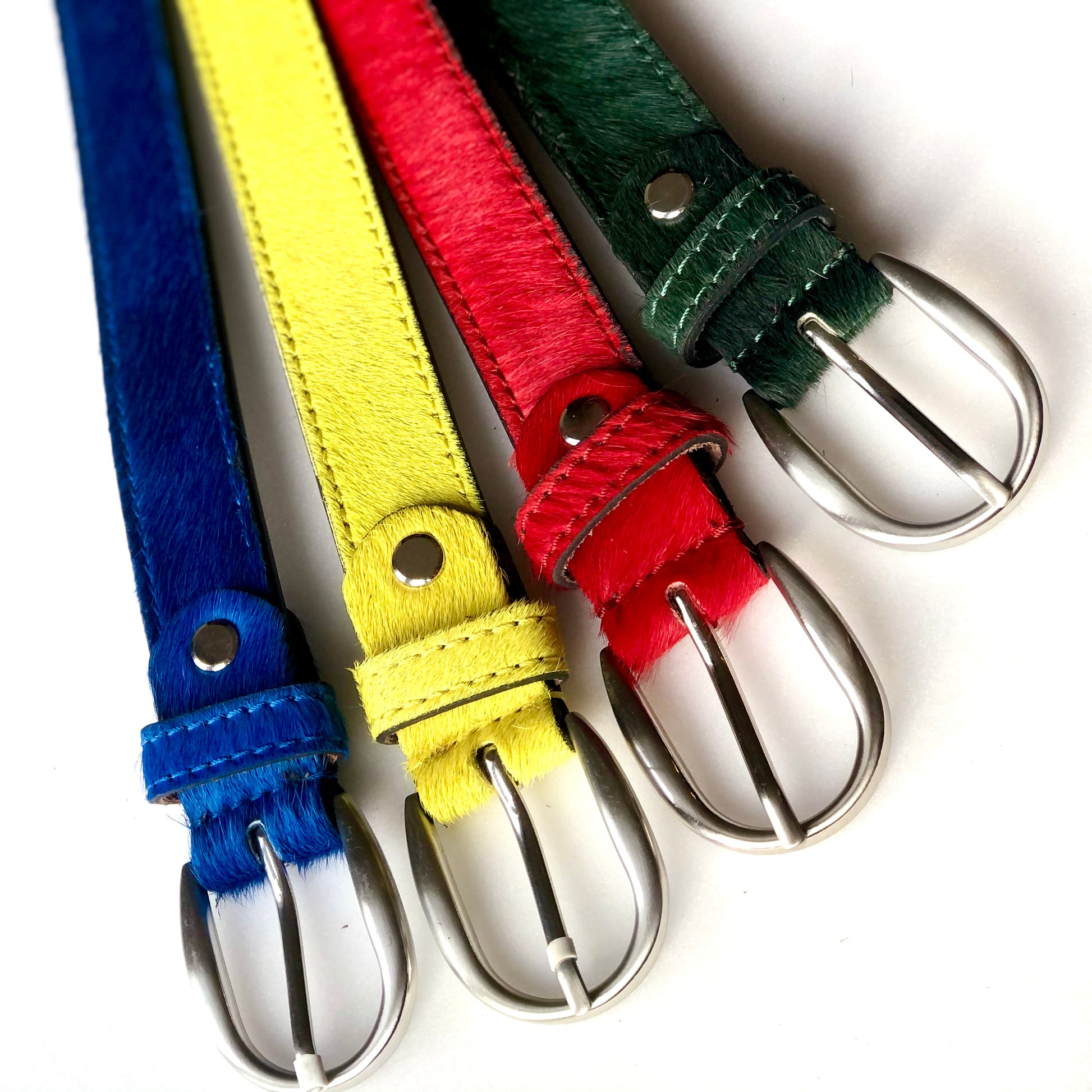 Blue. Neon Lime, Red and Bottle Green Leather Belt