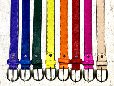 Blue, Navy Blue, Green, Yellow, Orange, Red, pink and beige hair on leather Belts