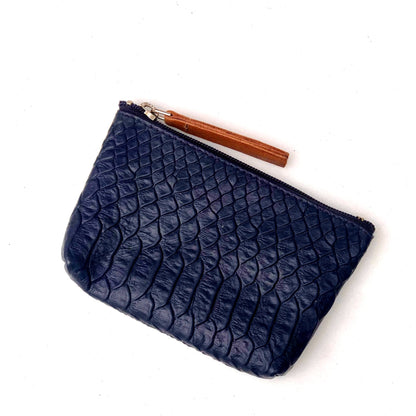 Navy Snake Embossed Leather Card Coin Purse with Key Rings