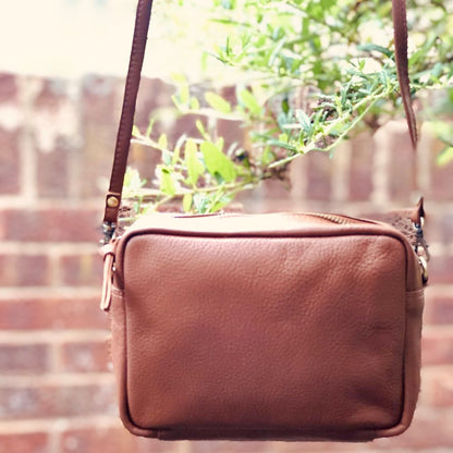 Tan colour Leather Camera Bag with Crossbody Straps