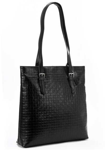 SECURE RFID Embossed Leather Waffel Ladies Zip Top Tote Bag LB68 BLACK