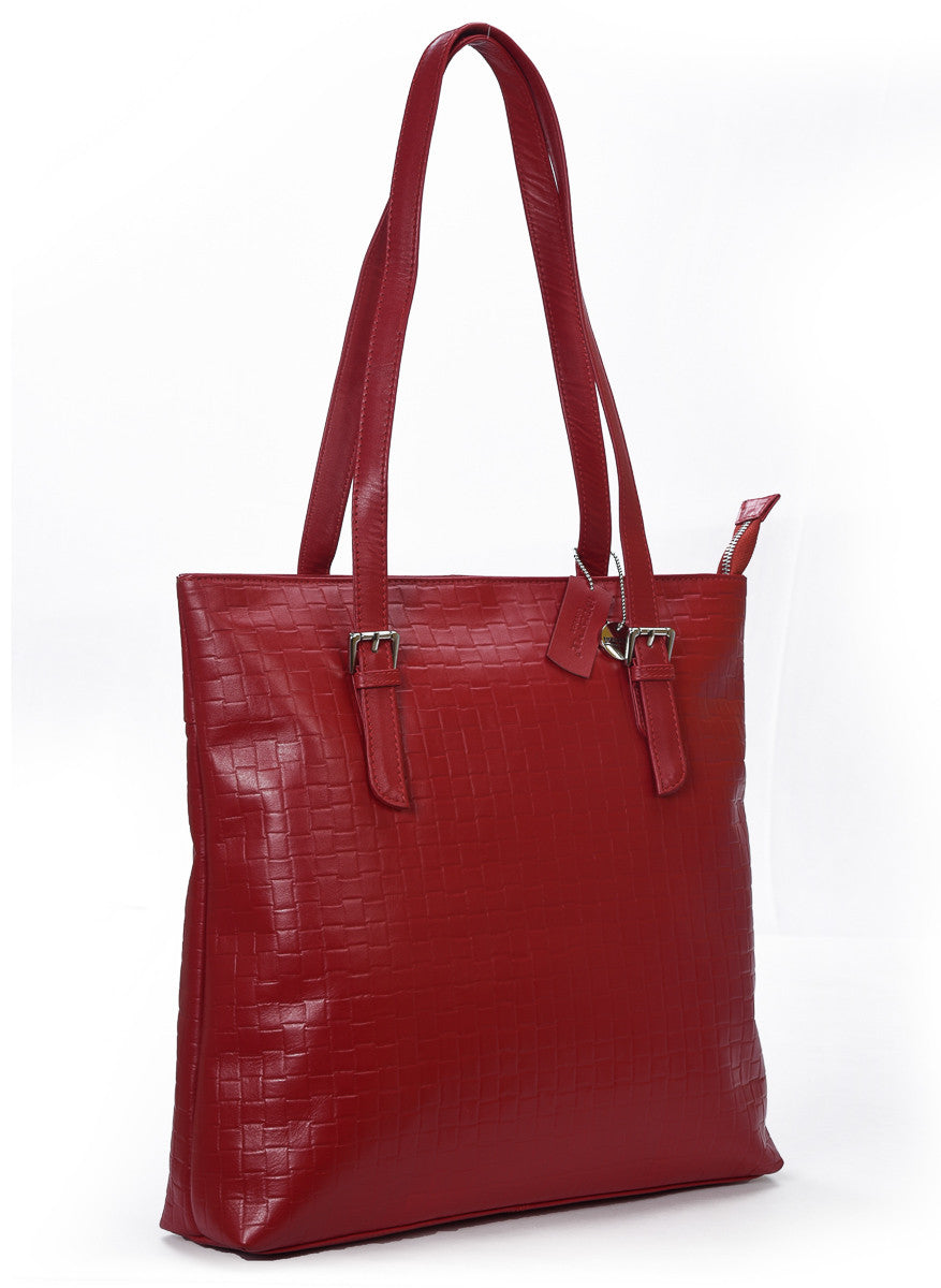 SECURE RFID Embossed Leather Waffel Ladies Zip Top Tote Bag LB68 RED