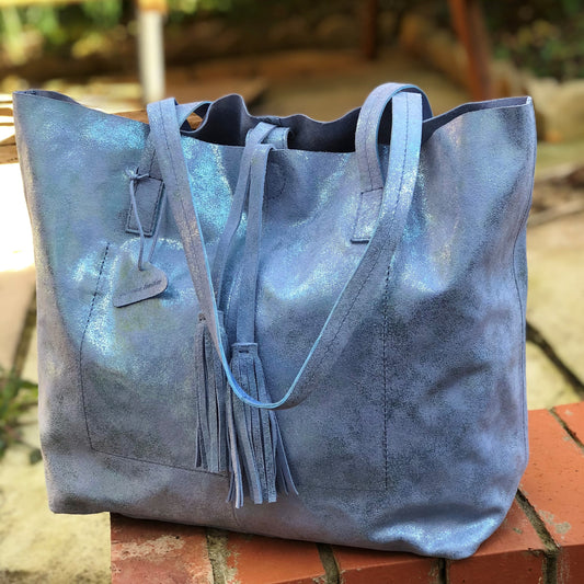 Metallic Magpie Genuine Leather Alice Tote Bag #LB901 Ice Blue