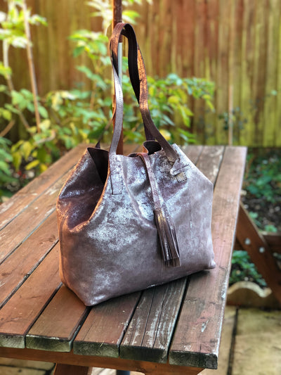 Metallic Magpie Genuine Leather Alice Tote Bag #LB901 Taupe