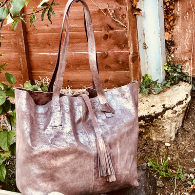 Metallic Magpie Genuine Leather Alice Tote Bag #LB901 Taupe