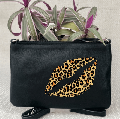 Lips Leather Clutch Bag - Zebra Leopard Glitter