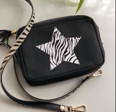 Black Leather Crossbody Clutch Bag with Zebra print Leather Replacement Straps