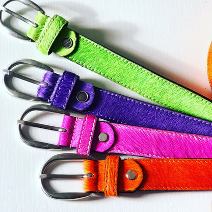  Orange, Purple  Green and Neon Pink hair-on-hide women leather belt