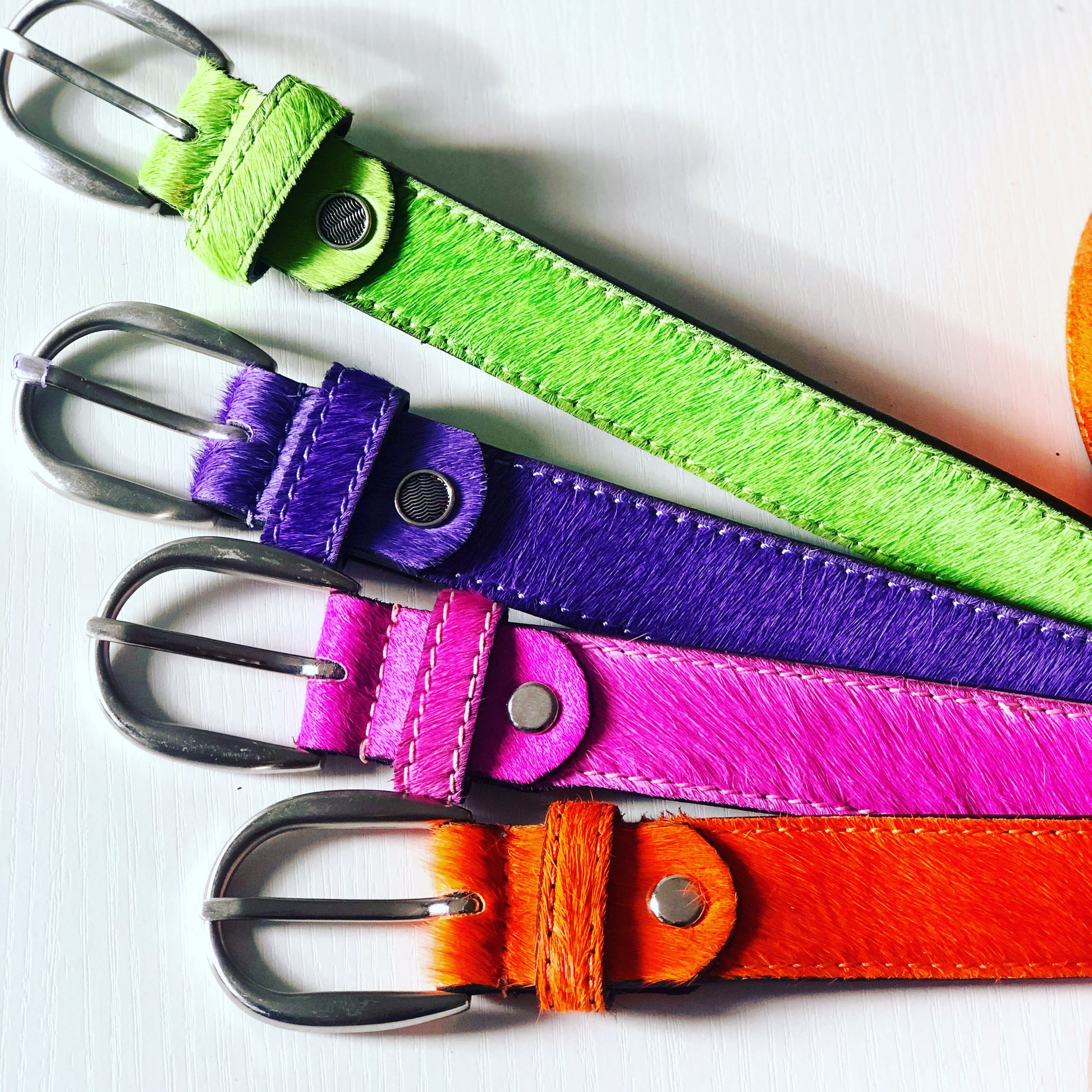 Orange. Neon Pink, Apple Green and Light Purple Leather Belt.