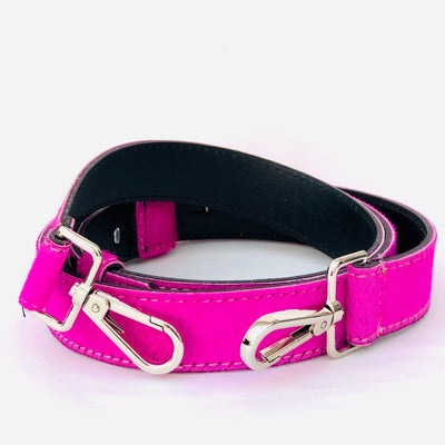 Folded Neon Pink Hair On Hide Leather Crossbody Bag Replacement Strap with two sided hook.
