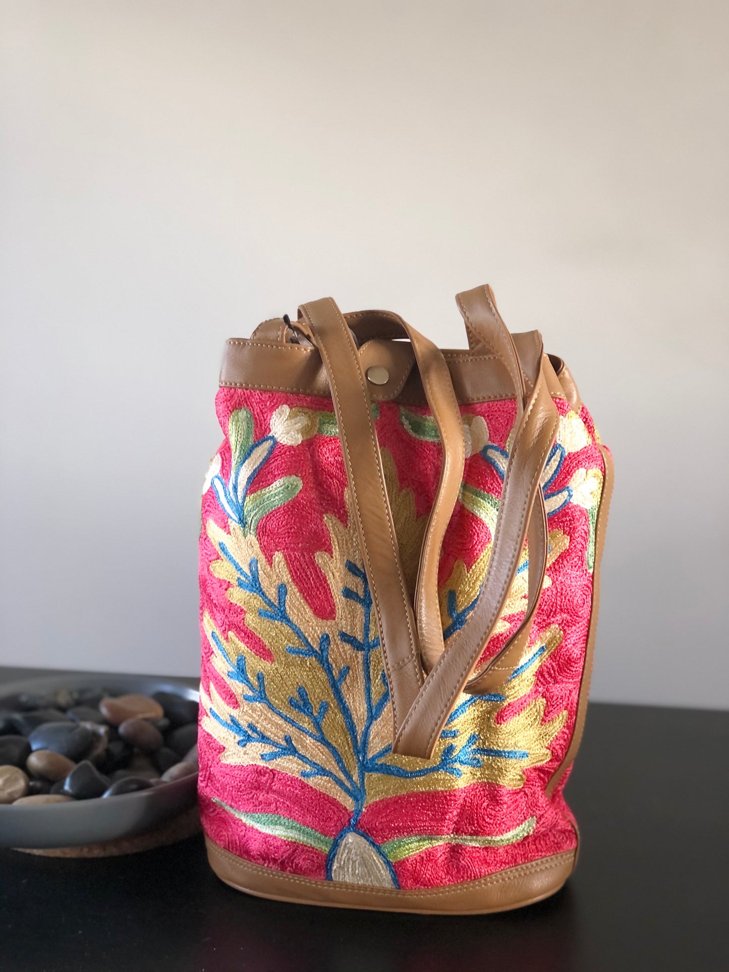 Embroidered Pink Tan Chinar/Maple Leaf Leather Bucket Shoulder Bag #LB71