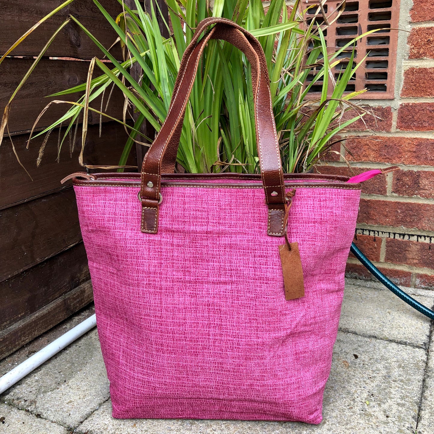 Tapestry with leather trims tote bag #LB409 Textured-Pink