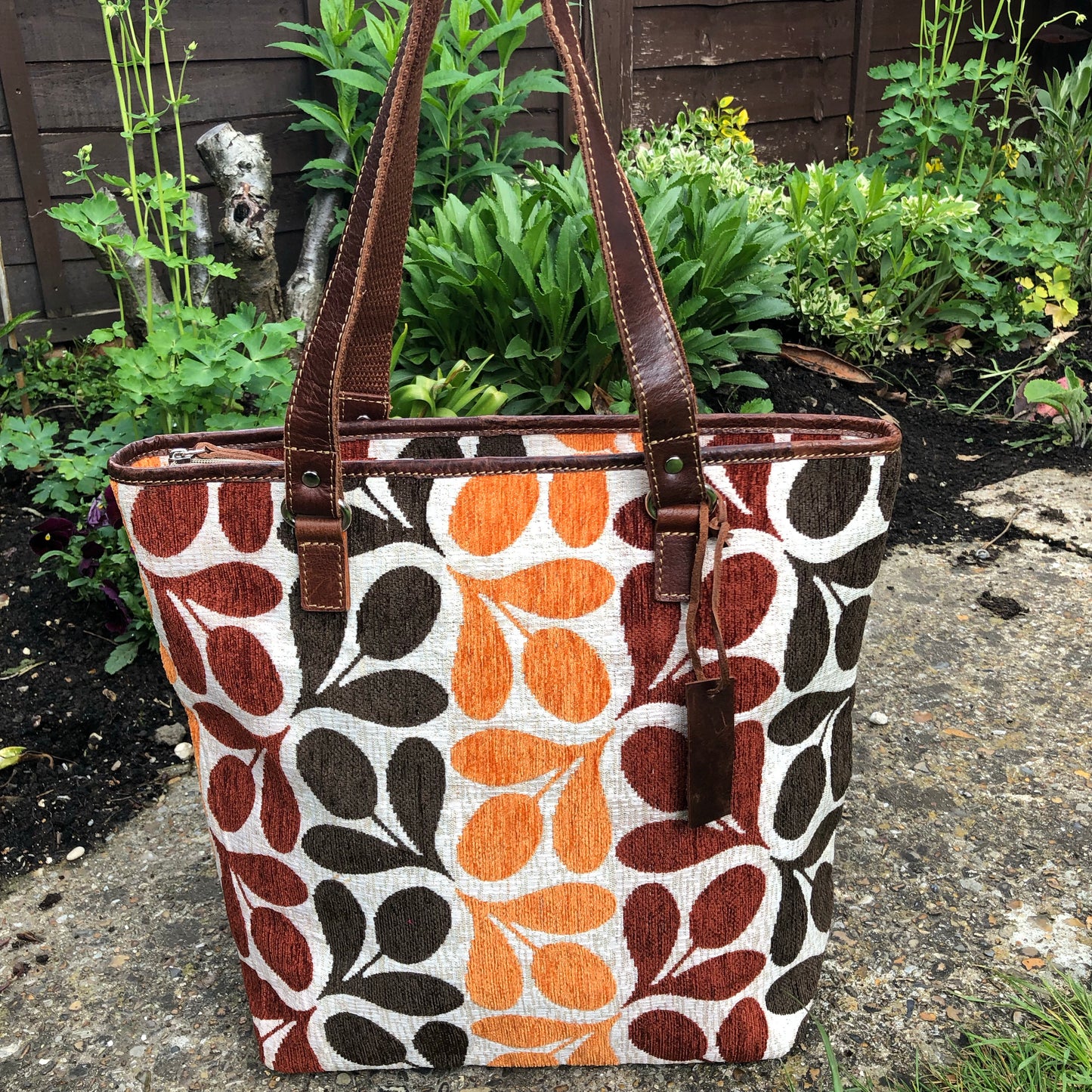 Tapestry with leather trims tote bag #LB409 Leaf-Orange
