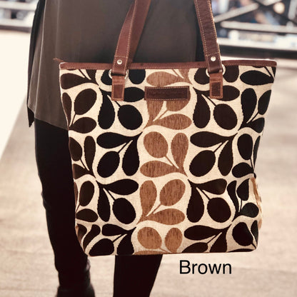 Tapestry with leather trims tote bag #LB409 Leaf-Brown