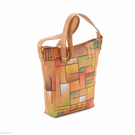 Picta Manu hand painted leather messenger bag #LB19 Abstract Squares