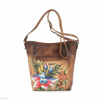 Picta Manu hand painted leather messenger bag #LB19 Floral Berry