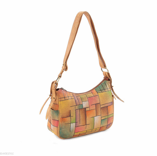 Picta Manu hand painted leather hobo bag #LB21 Abstract Square