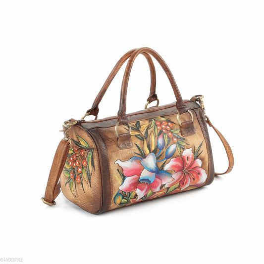 Picta Manu hand painted leather bowling bag #LB18 Floral Berry