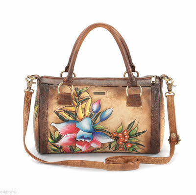 Picta Manu hand painted leather bowling bag #LB18 Floral Berry