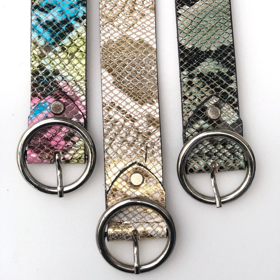 snake print, gold with ivory, green python print, green/pink/blue viper print Leather belt and silver round pin Buckle